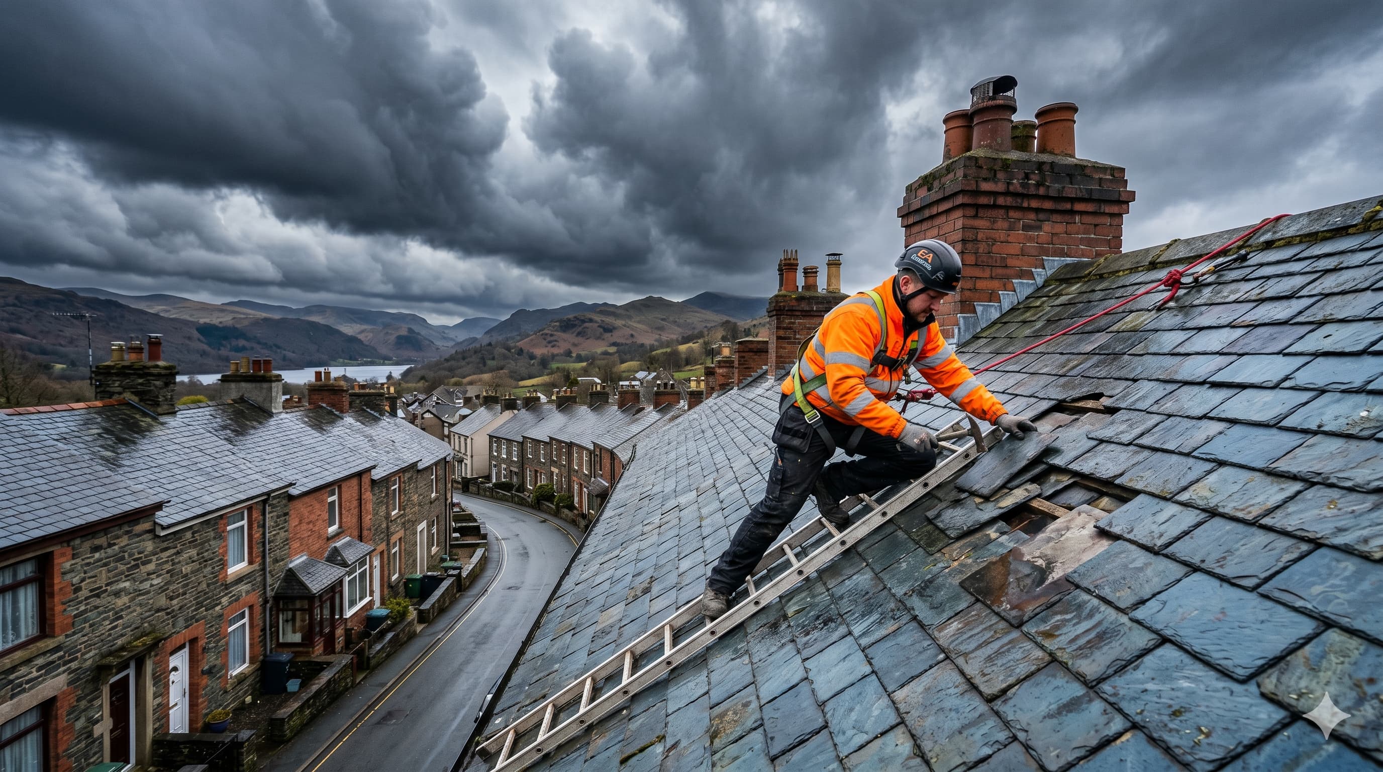 Emergency roofer carrying out storm damage repair in Carlisle, Cumbria